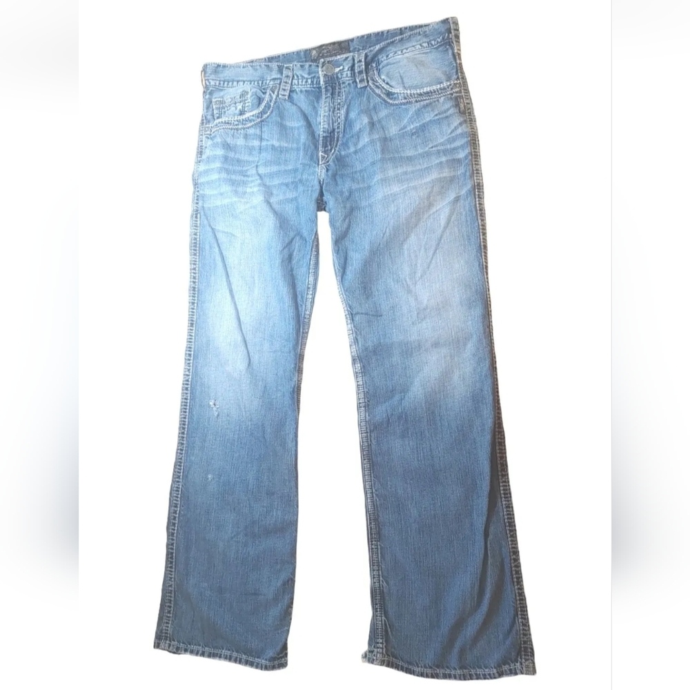 Silver Jeans Co Jeans Zac Blue Denim Zip Fly Distressed Men 38 Fits Sz 40/34"